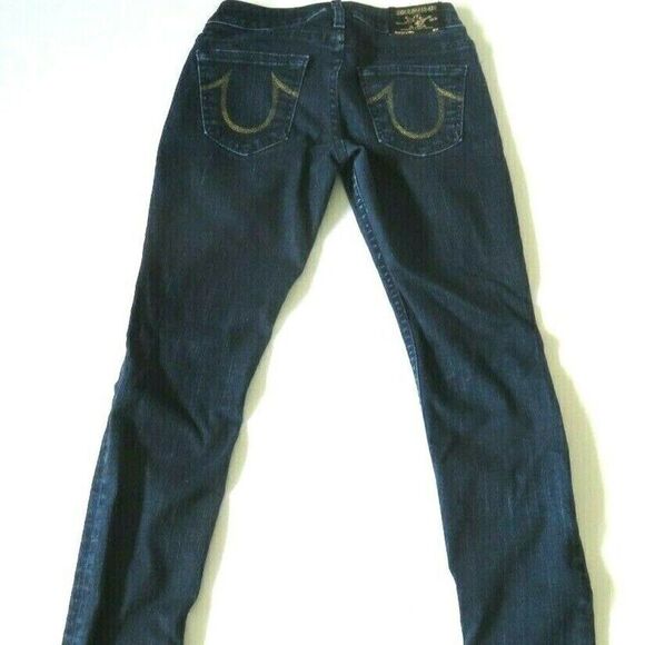 True Religion Stella Jeans Rare Gold Stitched Dark Blue Denim Women's Size 24 - Picture 4 of 11